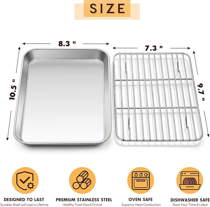Metal Toaster Oven Tray Set, E-far 10.5”x8.3” Small Stainless Steel Baking Pan with Wire Rack for Cooking Broiling, Rimmed Metal Sheet for Roasting Cooling Cookie Bacon Steak