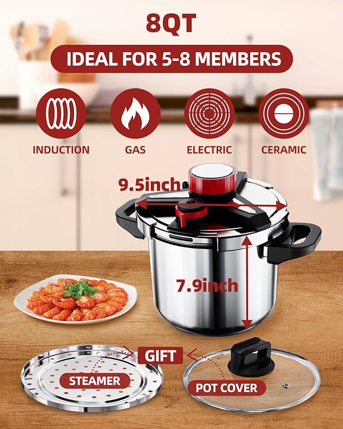 3-In-1 Stainless Steel Pressure Cooker 8 QT: [Save 70% Time] [3 PSI Settings], One-Hand Locking, Induction Compatible, Glass Lid & Steamer Rack Included, Olla de Presion
