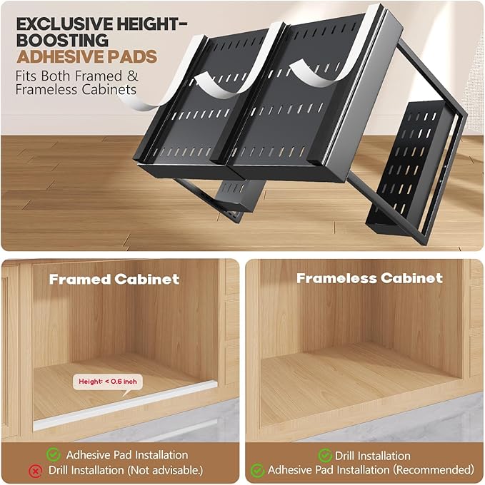 Expandable Under Sink Organizer with 3 Ball-Bearing Slide Rails , 2-Tier Pull-Out Under Cabinet Storage Shelf for Kitchen & Bathroom , Height-Adjustable Slide-Out Cabinet Drawer （Black, 1-Pack）