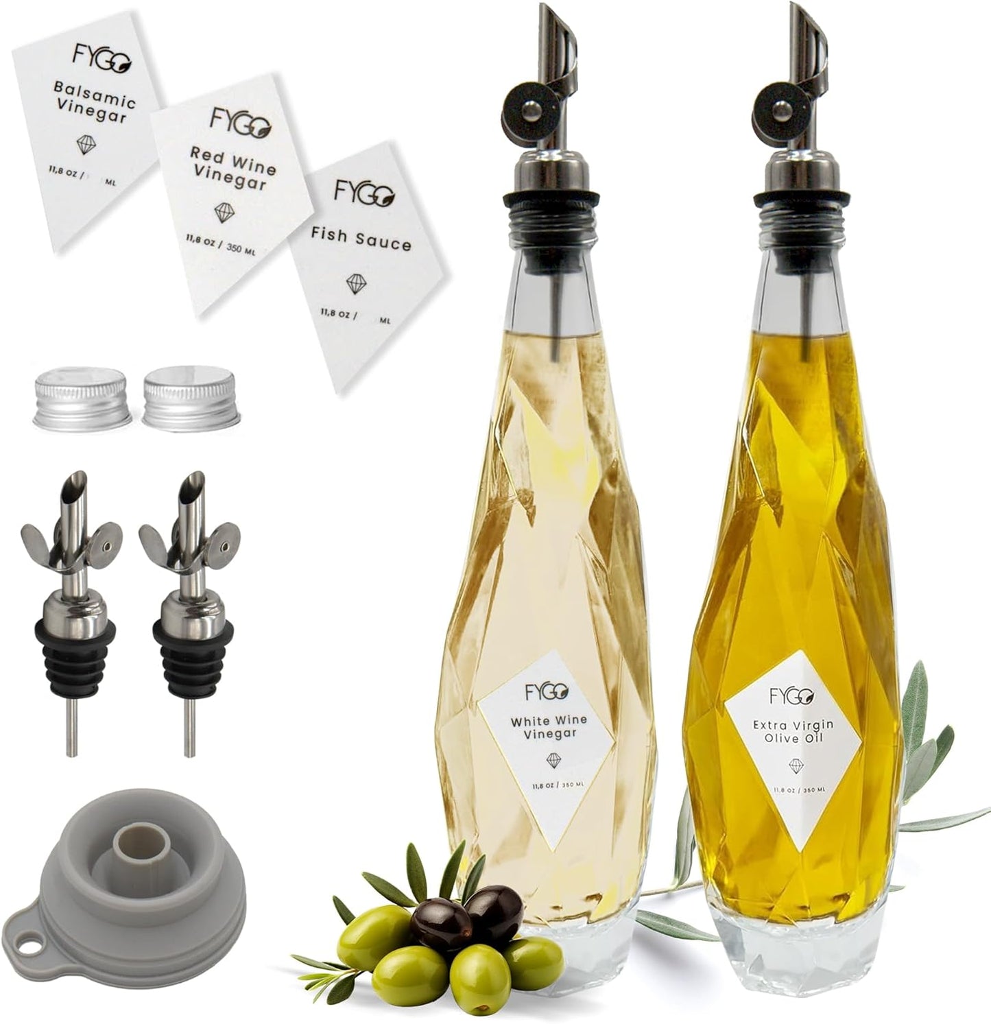 FYGO Diamond Lux Olive Oil Bottle Dispenser - Oil and Vinegar Container Set With Pourer and Funnel - Glass Bottle for Kitchen - 350ml - Set of 2