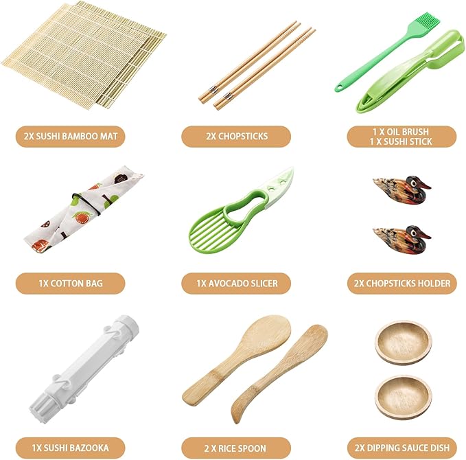 Sushi Making Kit, Sushi Maker for Beginners Sushi Roller Kit with Sushi Bazooka, Sushi Rolling Mat, Sauce Dishes (Style 1)