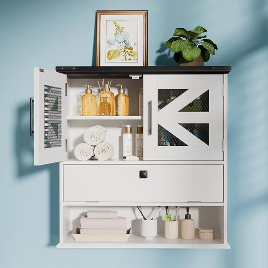 Wall Mounted Bathroom Cabinet with Double Doors, Flip-Down Storage and Open Shelf, Modern White Finish, Over-The-Toilet Space Saver Cabinet