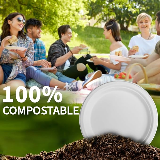 9 Inch Compostable Paper Plates 【White150 Pack】,100% Sugarcane Bagasse Medium Disposable Plates, Sturdy Heavy Duty, Biodegradable Dinnerware for Party, BBQ, Picnic, Camping