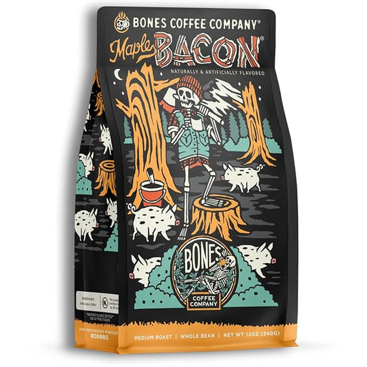 Bones Coffee Company Maple Bacon, Bacon and Maple Syrup Flavored Coffee, Medium Roast Low Acid Arabica Beans Compatible with Auto drip and French Press Coffee Maker, 12 Oz Whole Bean
