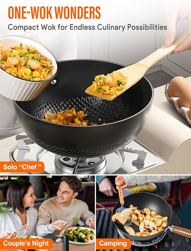 Carbon Steel Wok Pan, 9.5" Authentic Chinese Stir-Fry Pans Set with Glass Lid, 1.65lb Lightweight Flat Bottom Small Wok for 1-2 Servings