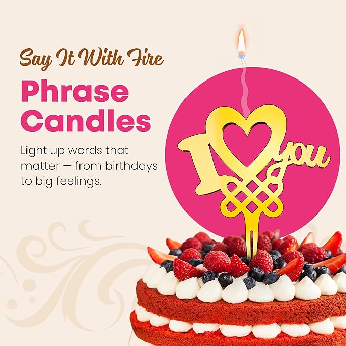 I Love You Reusable Gold Romantic Cake Candle - Luxury Cake Topper Candle for Birthdays, Weddings & Anniversaries - Reusable Food Safe Acrylic, Shiny Mirror Finish - Happy Birthday Cake Topper Decor
