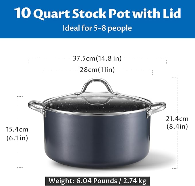 BEZIA 10 Quart Cooking Pot, Large Non Stick Induction Stock Pots with Lid, All Stove Compatible, 10 QT Aluminum Soup/Stew Pot For Large Families or Meal Prepping, Grey