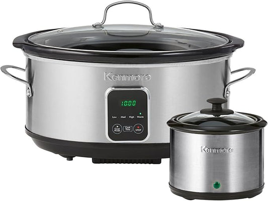 Kenmore 7 Quart Slow Cooker - Programmable crock pot with Dipper, Stainless Steel Electric Cookers, Warm Rice & Sous Vide Stew Soup For Lunch, Dishwaher Safe Non-Stick Ceramic Insert, Digital Control