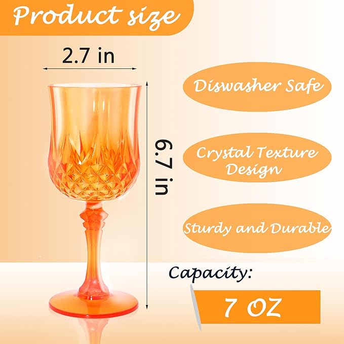 Plastic Wine Glasses，Plastic Goblets Vintage Style Cordial Drinking Glasses for Wedding Reception, Grand Event Party Supplies (12, Pumpkin orange)
