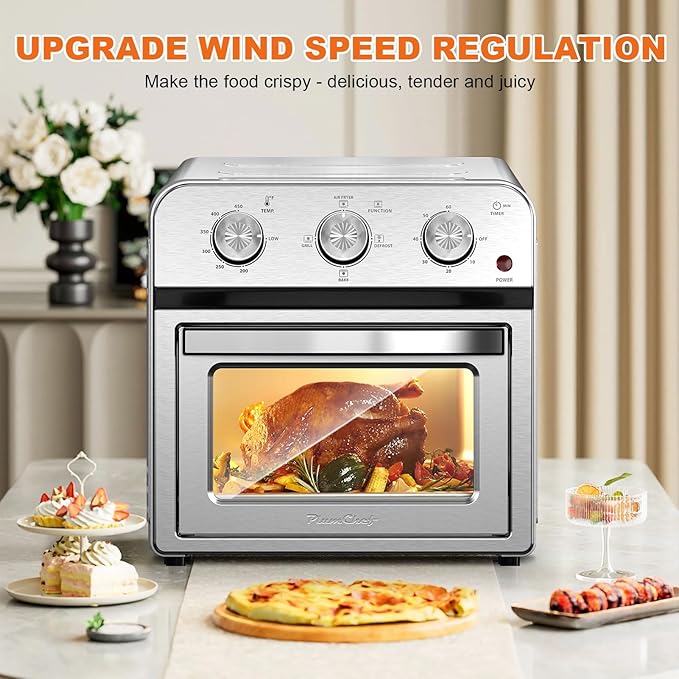 PlumChef 13 Quart 4 Slices Air Fryer Convection Toaster Oven, 1500W, Multifunction Oven for Roast, Bake, Grill, Broil, Toast（stainless steel）