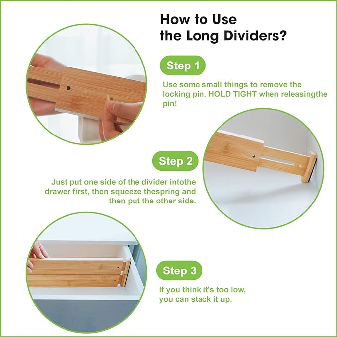ANTOWIN Bamboo Drawer Dividers Organizers, Drawer Separators Splitter,17-22 inches Long Adjustable Spring-loaded Organizer for Large Utensil, Clothes, Tools Drawers(yellow)