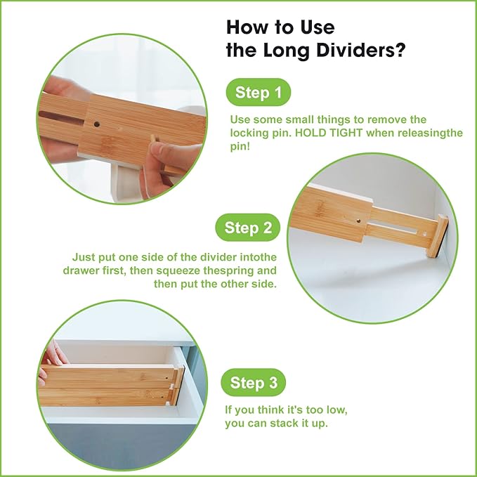 ANTOWIN Bamboo Drawer Dividers Organizers 16pcs, Expandable Drawer Separators Splitter, 17-22 inches Long Adjustable Spring-loaded Organizer for Large Utensil, Clothes, Tools Drawers (8+8)