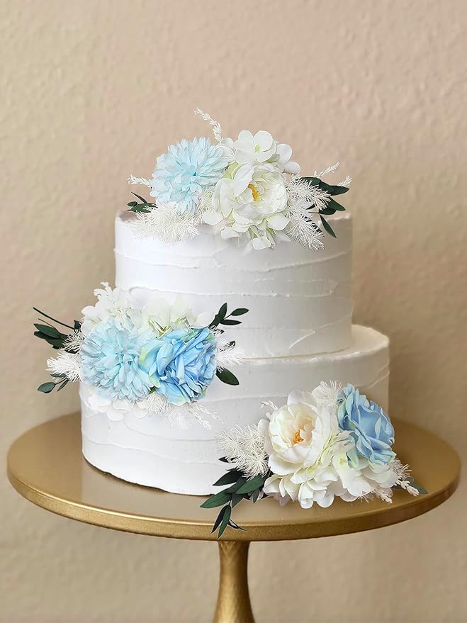 Rinlong 3Pcs Pre-made Baby Blue Cake Decorating Flowers Cake Toppers Cake Decorations Wedding Decor Birthday Bridal Shower Cake Topper
