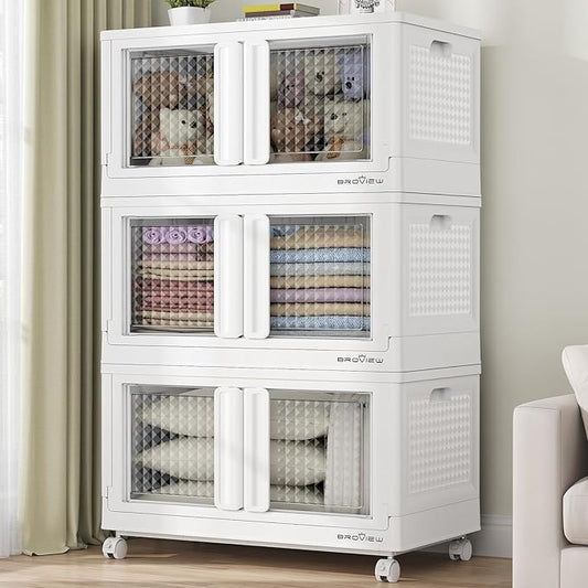 300Qt Stackable Storage Bins with Lids, 75Gal Closet Organizers and Storage Drawer, Plastic Collapsible Storage Bins with Doors, Heavy Duty Store Box Cabinet for Home Office, 3Pack White