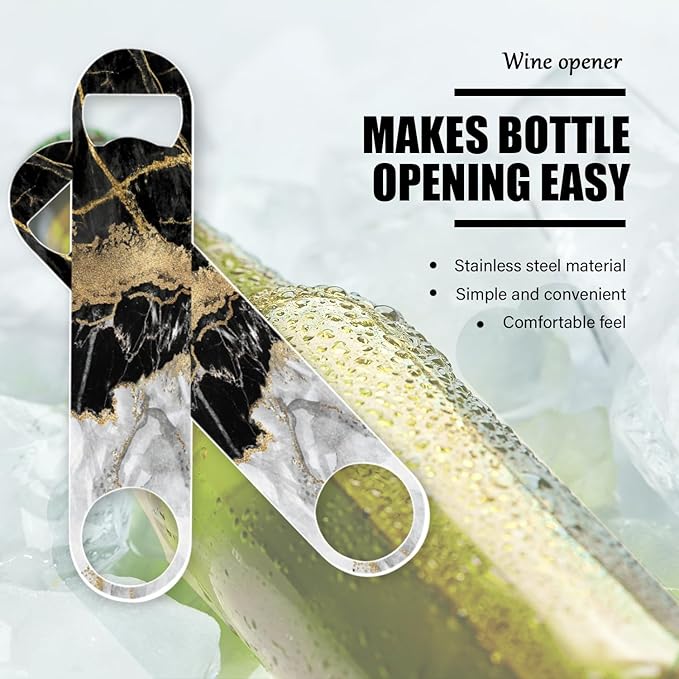 2 PACK Beer Bottle Opener, Stainless Steel Flat Bottle Openers,7 inch Metal Decor,Black And Golden Marble