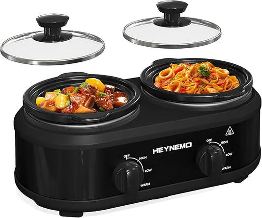 Double Slow Cooker, 2 X 1.25QT Slow Cooker with 3 Cooking Settings, Buffet Servers and Warmers with Dishwasher-Safe Ceramic Pot, Glass Lid, Black
