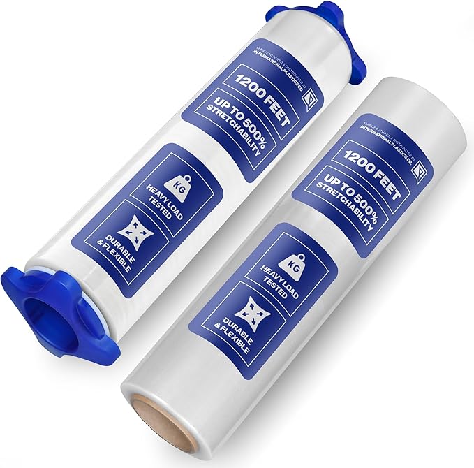 International Plastics Co. 15" Plastic Stretch Film Wrap with Tension Handles 1200ft Each 500% Stretch Clear Cling Durable Adhering Packing Moving Packaging Heavy Duty Shrink