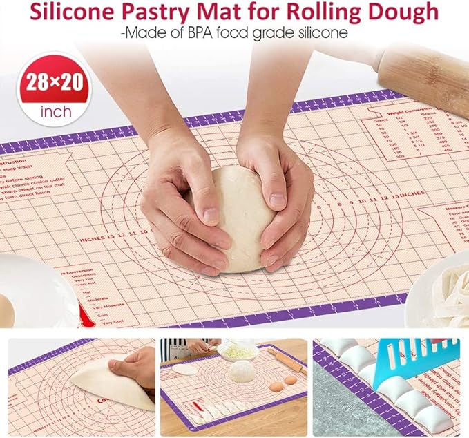 Pastry Baking Mat 28x20 Inch - Larger Silicone Baking Pastry Mat for Rolling Dough,Non Silp Silicon Dough Sheet Mat with Measurement,Perfect for Making Pie,Pizza(Purple)