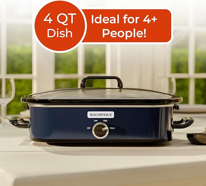 [NEW] MAGNIFIQUE 4-Quart Slow Cooker with Casserole Manual Warm Setting - Perfect Kitchen Small Appliance for Family Dinners, Dishwasher Safe Crock, Blue