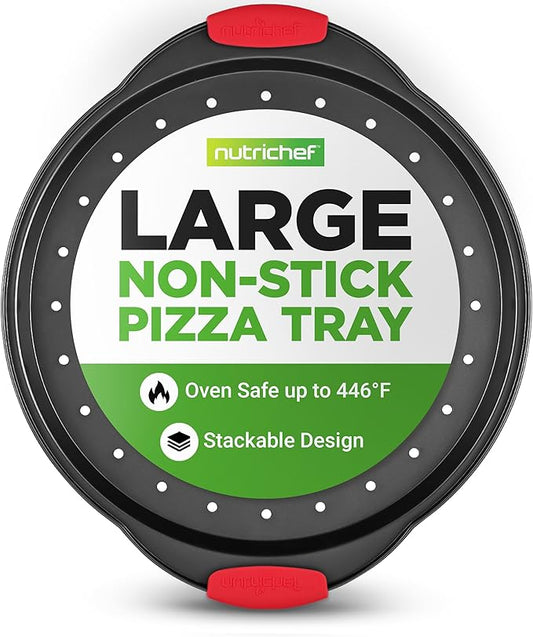 NutriChef 13-Inch Nonstick Pizza Tray - Round Carbon Steel Non-Stick Pizza Baking Pan with Perforated Holes, Premium Bakeware Pizza Screen with Silicone Grip Handles, Dishwasher Safe - NCBPIZ1