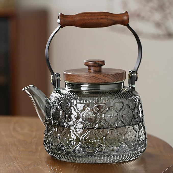 IwaiLoft Stovetop Safe Glass Teapot with Malus Spectabilis Pattern Removable Infuser Fine Borosilicate Tea Pot perfect for Fruit Flowering Tea Canister Premium Quality Tea Kettle Gift(Gray)