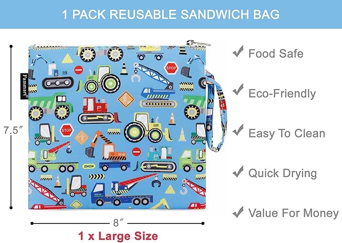 Reusable Sandwich Bag/Snack Bag for Kids & Adults, Dual Layer Lunch Bag with Handle, Washable, Food Safe, BPA Free (1-Pack, Car)