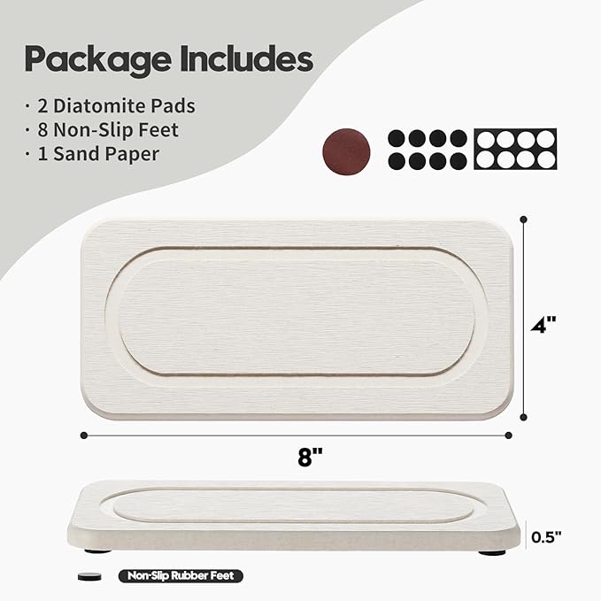 2Pack Diatomite Stone Sink Tray, Water Absorbing Faucet Mat for Kitchen & Bathroom Counter, Quick Dry Decorative Soap Dish Makeup Vanity Caddy,Dispenser Sponge Holder Organizer, Beige-8"x 3.8"