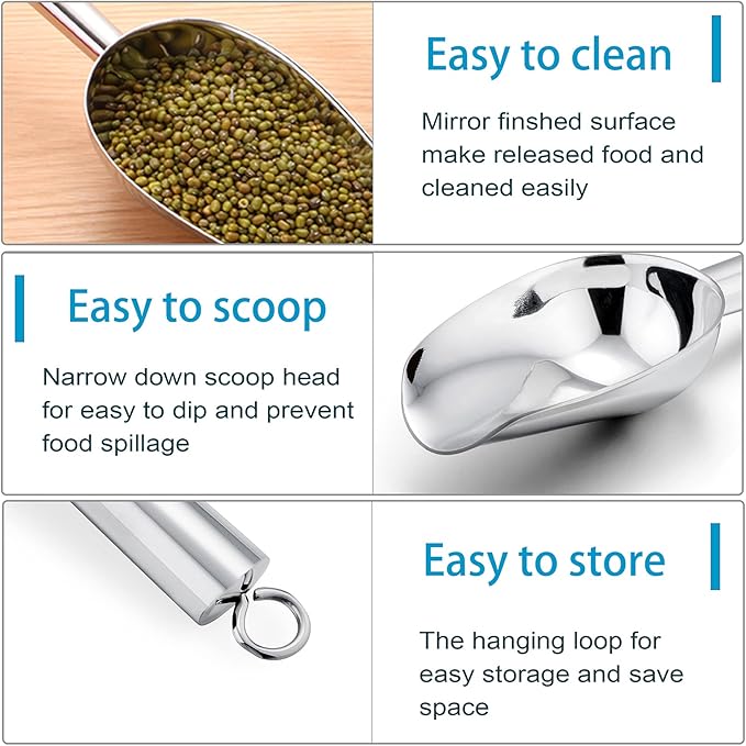 P&P CHEF Food Ice Scoop, Stainless Steel Scoop, Metal Candy Popcorn Flour Utility Scooper for Wedding Party Bar Kitchen Bath, Heavy Duty & Dishwasher Safe, (24oz, 2Pcs)