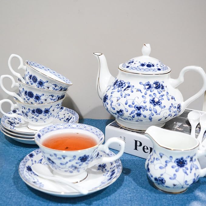 Bone China Tea Set, 21-Pieces Porcelain Tea Set for Adults, Tea Cups And Saucers for 6, with Teapot, Spoons, Sugar Bowl, Creamer Pitcher, Vintage Tea Set for Women Tea Party (Blue)