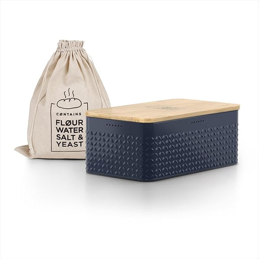 LARS NYSØM Bread Box I Metal Box with linen bag for long lasting freshness I Bread Bin with bamboo lid usable as cutting board I 13.4x7.3x5.3In (Midnight Blue)