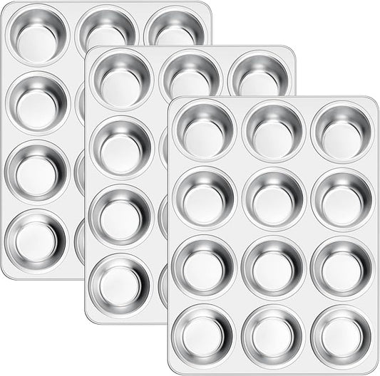 E-far 12-Cup Muffin Pan Set of 3, Stainless Steel Cupcake Pan Tins, Non-Toxic Metal Cupcake Tray for Baking Small Muffin Cakes, Heavy Duty & Regular Size, Rust Free & Dishwasher Safe