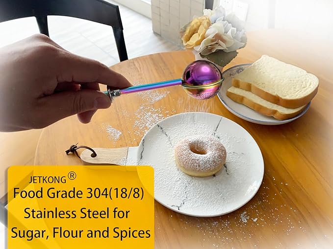 JETKONG Powdered Sugar Shaker Duster Flour Dispenser Shaker with 18/8 Stainless Steel Spring-operated Handle for Sugar Flour and Spices (Rainbow)