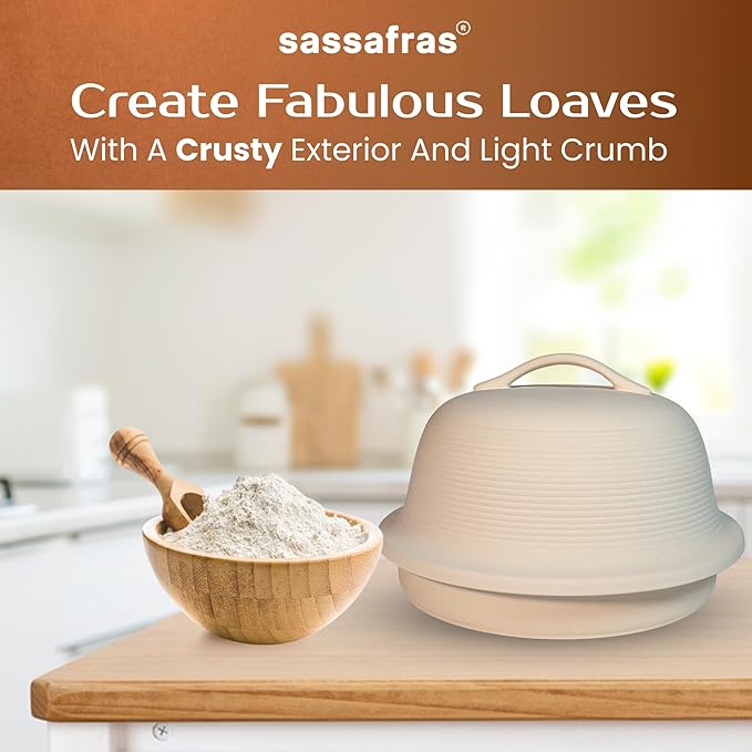 Sassafras Superstone Stoneware La Cloche Bread Baker, Unglazed, Baking Stone for Bread, Capacity 5QT 12”D x7”H with handle, Withstands Temperature 500-2100 Fahrenheit