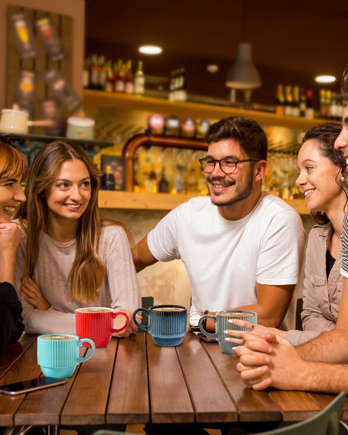 Hasense Coffee Mug Set of 4 with Holder - 12 oz Stackable Large Ceramic Ribbed Latte Cup Set for Cappuccino, Tea, Hot Cocoa, Drinks - Dishwasher & Microwave Safe Multi color