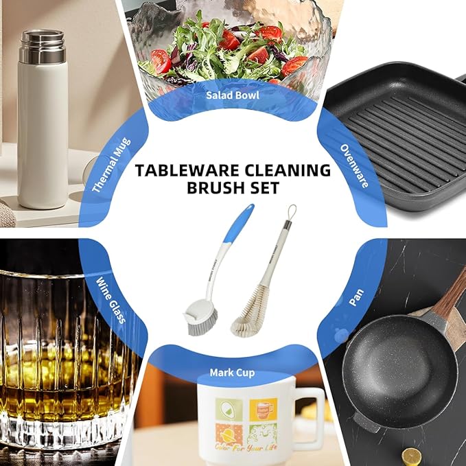 2 Pack Dish Brush Set with Dish Brush with Handle and 2-in-1 Water Bottle Brush with Removable Straw Brush for Bottles Cups, Dish Scrub Brush with Scraper Tip for Dishwashing Pans Pot Sink