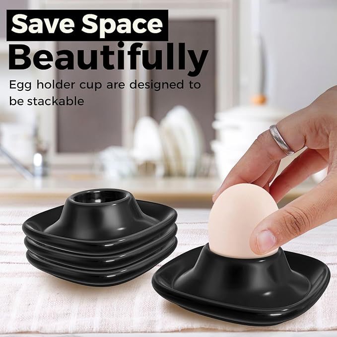 Flexzion Soft Boiled Egg Holder Set - 4-Piece Black Ceramic Egg Cup, Stackable Egg Coddler Cups with Base for Serving, Breakfast, Brunch - Kitchen Table Decor, Black