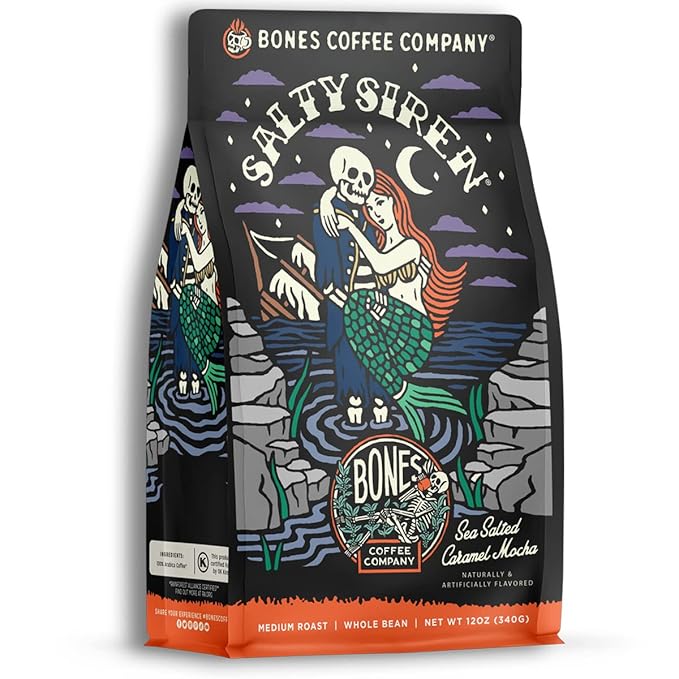 Bones Coffee Company Salty Siren, Sea Saled Caramel Chocolate Flavored Coffee, Medium Roast Low Acid Arabica Beans Compatible with Auto drip and French Press Coffee Maker, 12 Oz Whole Bean