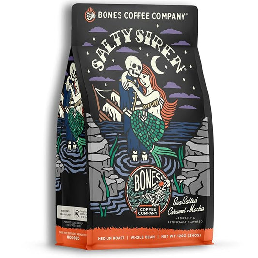 Bones Coffee Company Salty Siren, Sea Saled Caramel Chocolate Flavored Coffee, Medium Roast Low Acid Arabica Beans Compatible with Auto drip and French Press Coffee Maker, 12 Oz Whole Bean