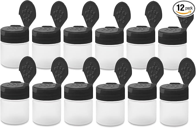 ljdeals 1 oz Plastic Spice Jars with Black Flip & Sift Caps – 12 Pack Empty Spice Bottles for Herbs, Seasonings, Powders, Camping, Travel, Kitchen, Restaurant Use – BPA-Free, Recyclable, Made in USA