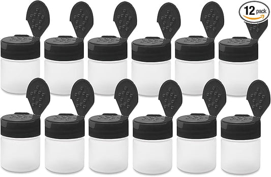 ljdeals 1 oz Plastic Spice Jars with Black Flip & Sift Caps – 12 Pack Empty Spice Bottles for Herbs, Seasonings, Powders, Camping, Travel, Kitchen, Restaurant Use – BPA-Free, Recyclable, Made in USA