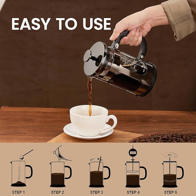 BAYKA 21 Ounce 0.6 Liter French Press Coffee Tea Maker Small, Heat Resistant Thickened Borosilicate Glass Stainless Steel Single Serve Brewer, Cold Brew Cafetera Teapot, Dark Pewter