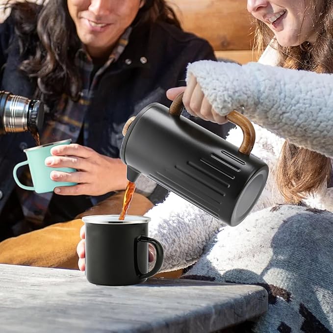 Rorence 34oz French Press Coffee Maker, Coffee Press with Real Wood Handle & Plunger Head, Double Wall Insulation & Dual-Filter Screen, incl. replaced filters & instructions, Black