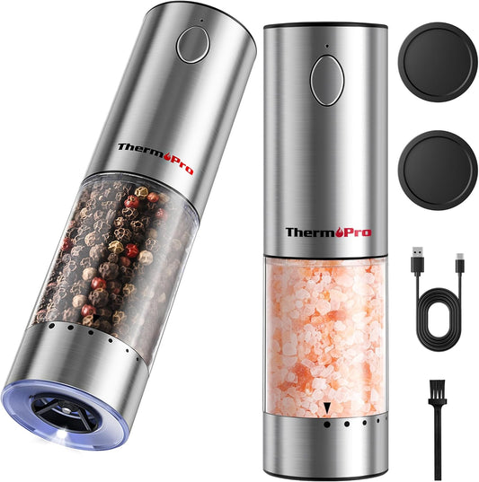 ThermoPro 110ml Electric Salt and Pepper Grinder Set Rechargeable, Automatic Pepper Grinder Shakers with External Adjustment, Refillable Pepper Mill Set with Dust Cover & LED, Stainless Steel 2-Pack