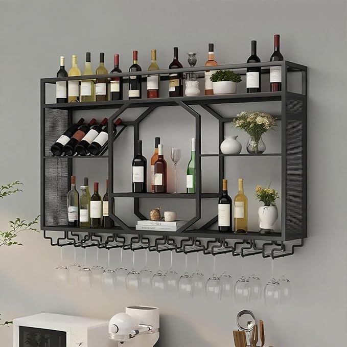 Wall Mounted Wine Rack, 3-Tiers Metal Bar Bottle Holder, Modern Wine Glass Storage Display Shelves, Wall Wine Rack for Kitchen Bar Dining Rooms Decoration ﻿ (Black, 63in/160cm)
