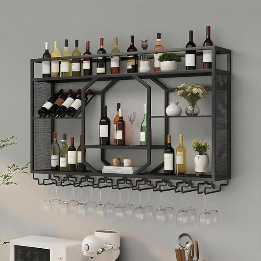 Wall Mounted Wine Rack, 3-Tiers Metal Bar Bottle Holder, Modern Wine Glass Storage Display Shelves, Wall Wine Rack for Kitchen Bar Dining Rooms Decoration ﻿ (Black, 63in/160cm)
