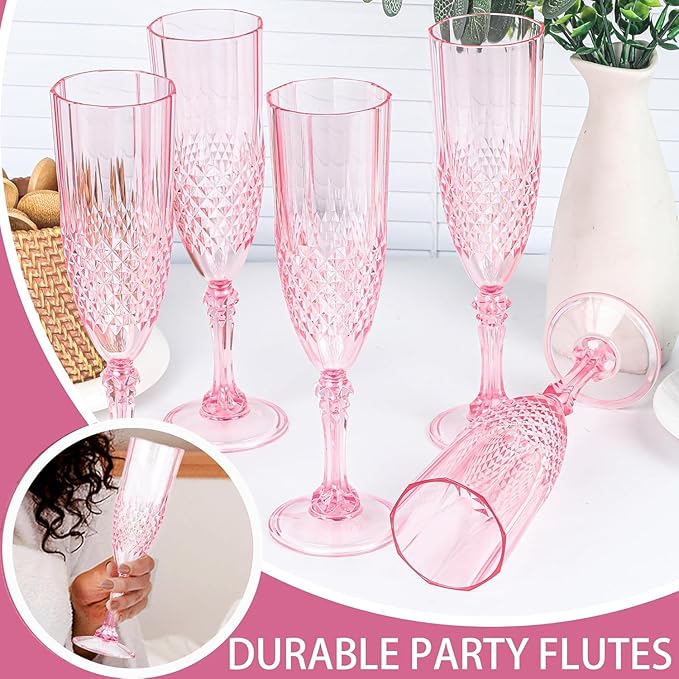 Plastic Champagne Flutes, 48PCS Pink Plastic Wine Glasses Goblets Reusable Champagne Flute for Weddings, Bachelor Parties, Toasting, and Events (48, Pink)
