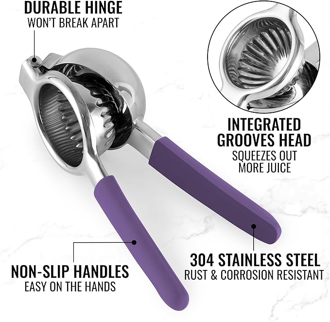Zulay Lemon Squeezer Stainless Steel with Premium Heavy Duty Solid Metal Squeezer Bowl and Food Grade Silicone Handles - Large Manual Citrus Press Juicer and Lime Squeezer Stainless Steel (Purple)