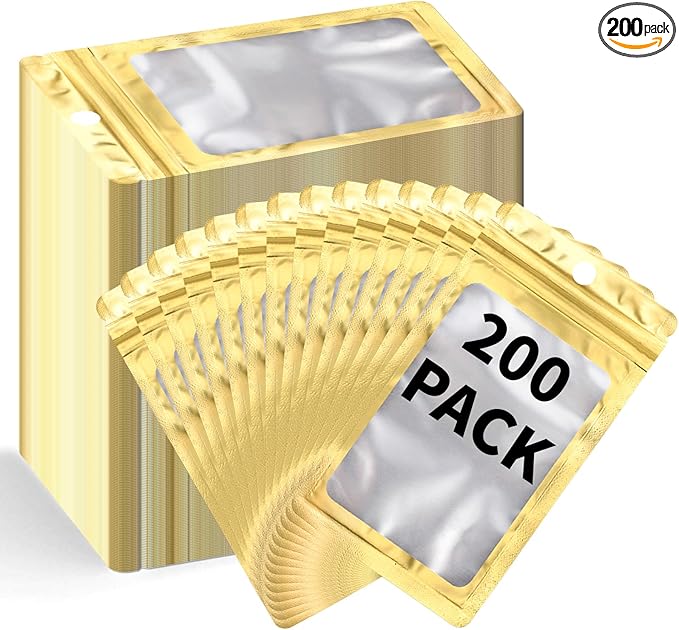 200 Pack Resealable Mylar Holographic Bags Food Storage Smell Proof Bags with Front Window Foil Packaging Pouch for Candy Sample Jewelry Small Business 4.13×5.91 Inch, Gold