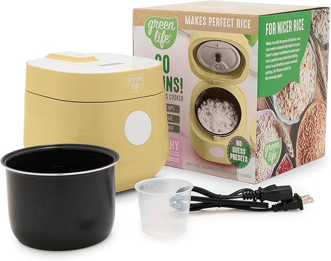 GreenLife Digital Rice Cooker, 2-Cups Uncooked/4-Cups Cooked, Removable Nonstick Ceramic PFAS-Free Pot, One-Touch Presets, Oats, Quinoa, Brown Rice, Auto Keep Warm, Fuzzy Logic Tech, 1.5 QT, Butter Yellow