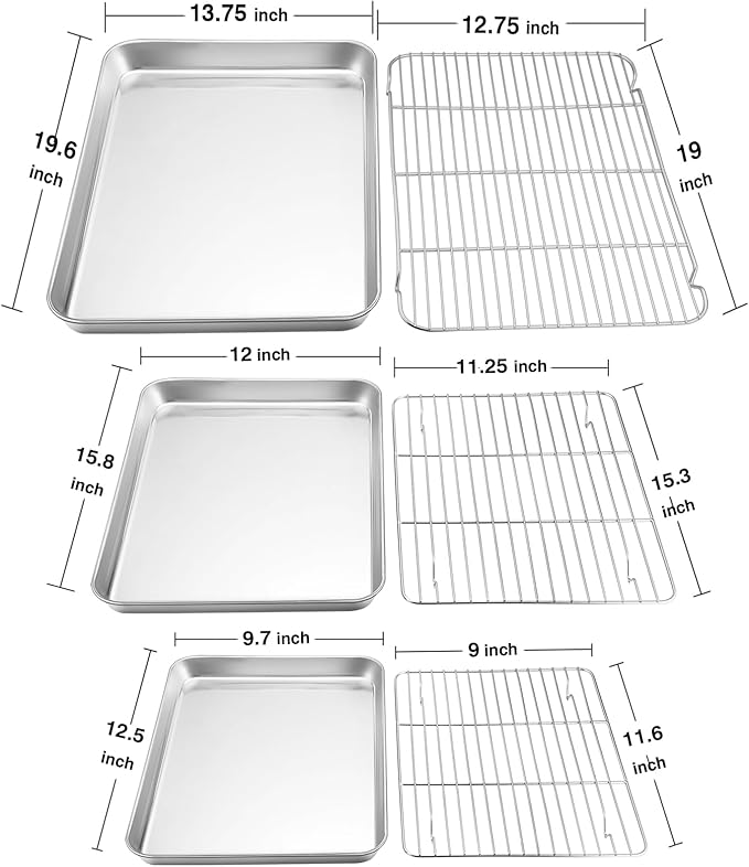 TeamFar Baking Sheet with Rack Set, 20’’ & 16’’ & 12½’’, Stainless Steel Cookie Sheet Baking Pans with Cooling Roasting Racks, Non Toxic & Rust Free, Mirror Finish & Dishwasher Safe - 6 Pieces